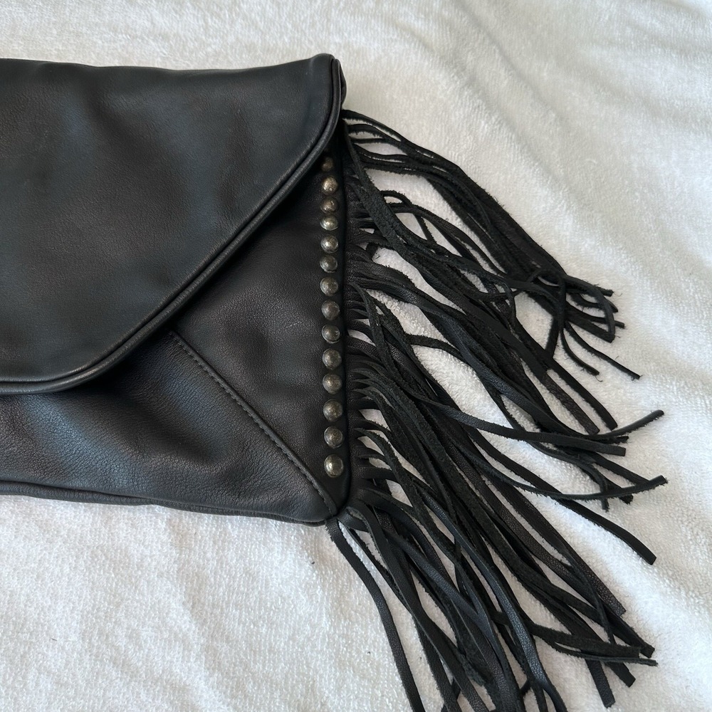 Tylie Malibu Black Leather Studded Fringe Lined Clutch Purse Magnet Close Pocket - Picture 3 of 14